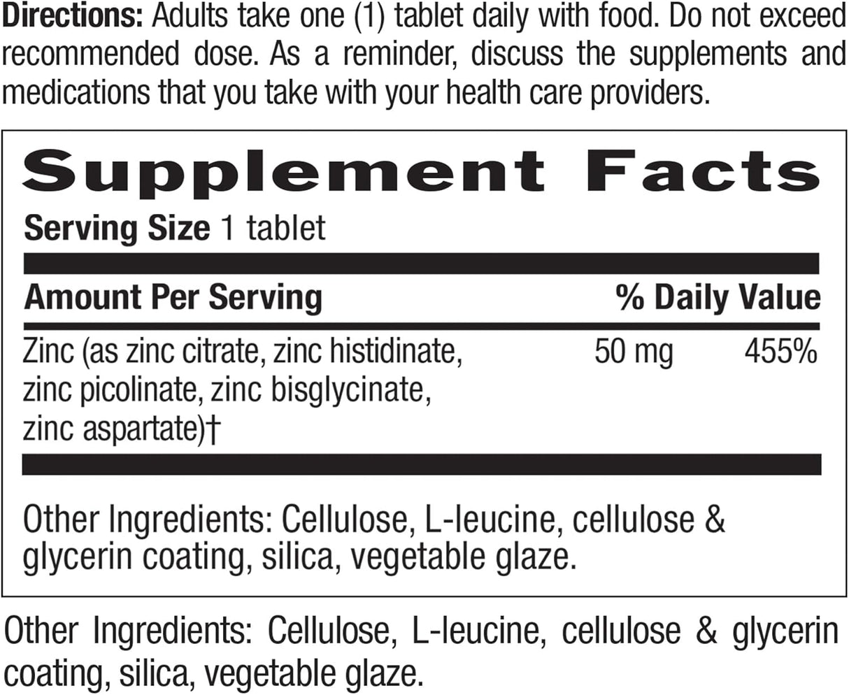 Suplementos  Tabletas de zinc de 50 Mg, 90 unidades