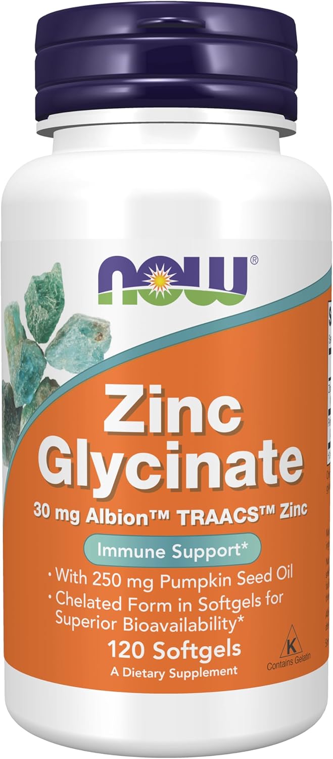 Suplemento Zinc Glycinate de NOW, con 250 mg de Aceite de Semilla de Calabaza, 120 Cápsulas