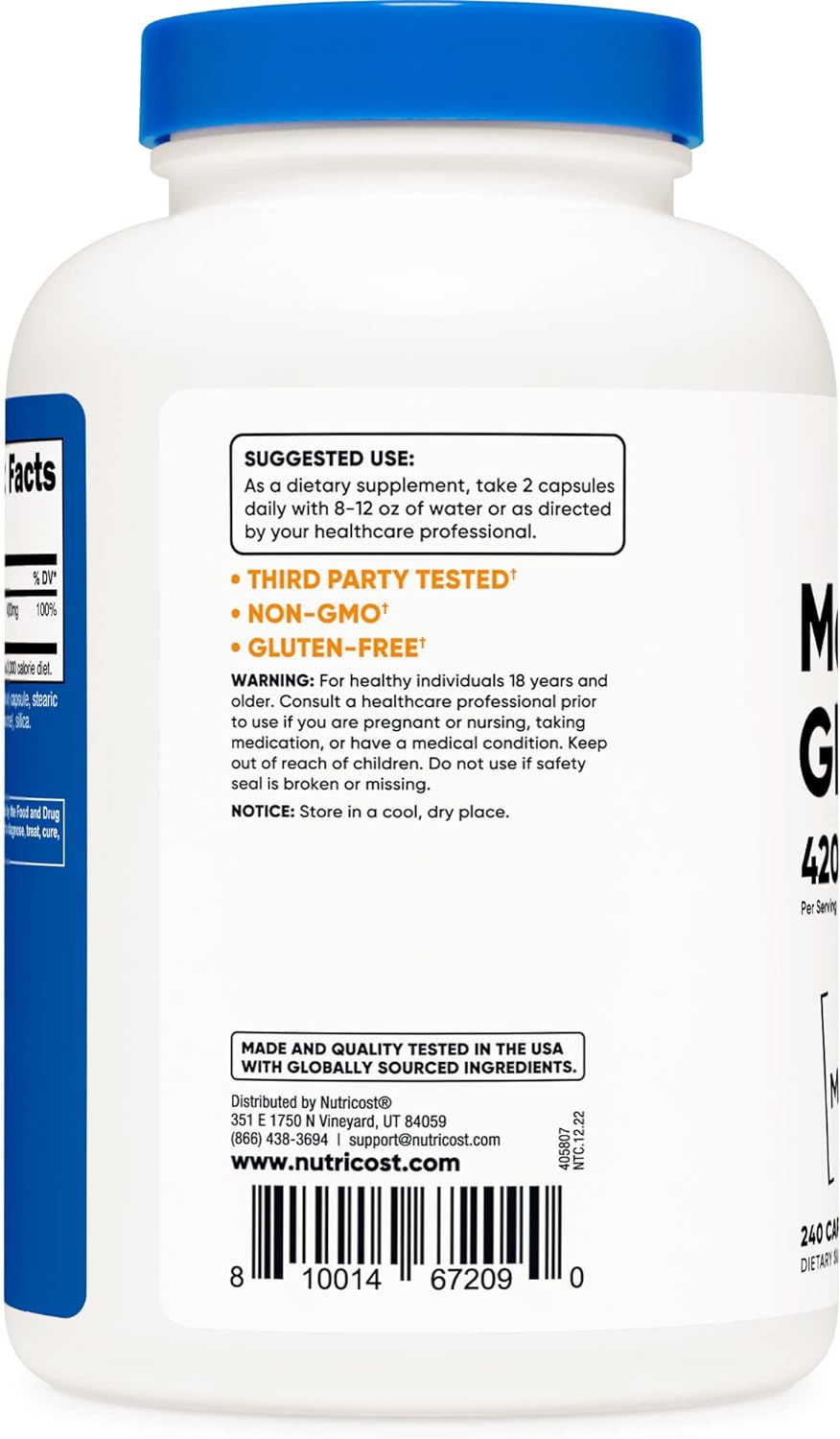 Glicinato de Magnesio 420 mg, 240 Cápsulas - 120 Porciones
