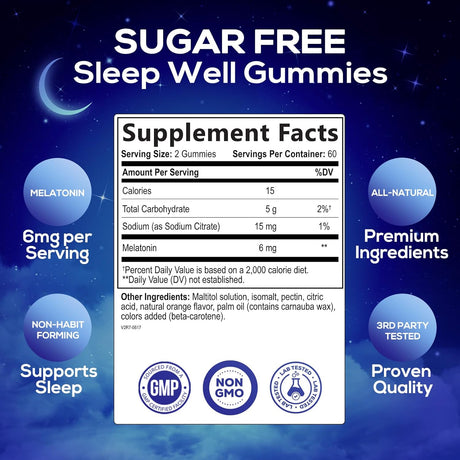 Gomitas de Melatonina Sin Azúcar 6 mg - 120 Gummies Extra Fuerza