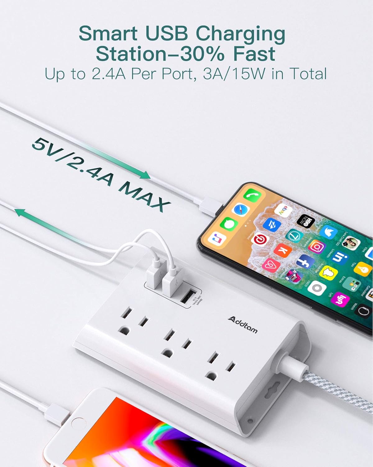 Regleta de alimentación con USB, cable de extensión de enchufe