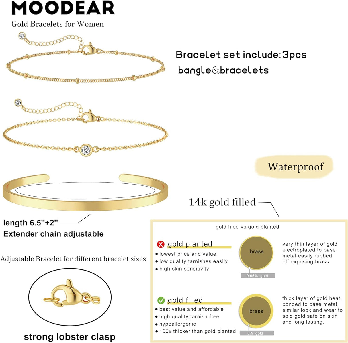 juego de pulseras de oro real de 14 quilates para mujer