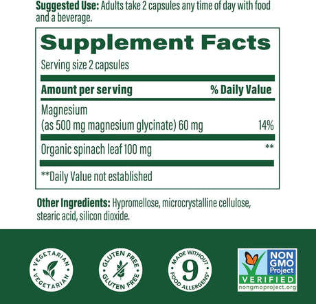 MegaFood Magnesio Glicinato 500mg - Suplemento Calmante 120 Cápsulas