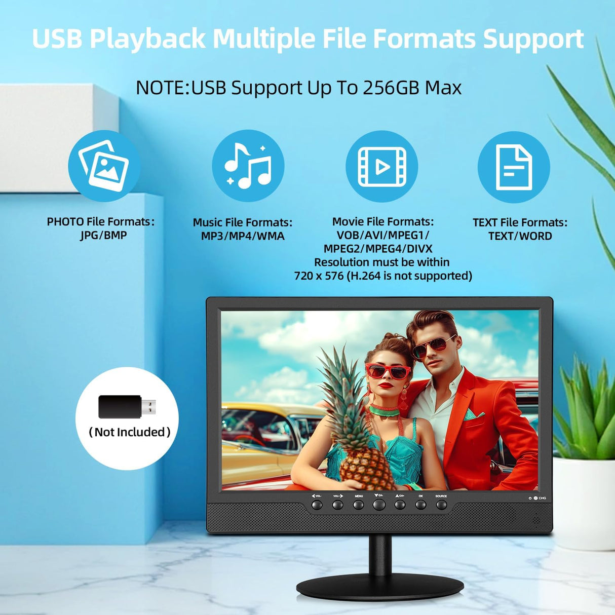 Televisor 14 con Tuner ATSC, puertos HDMI/USB, 12V, modelo X