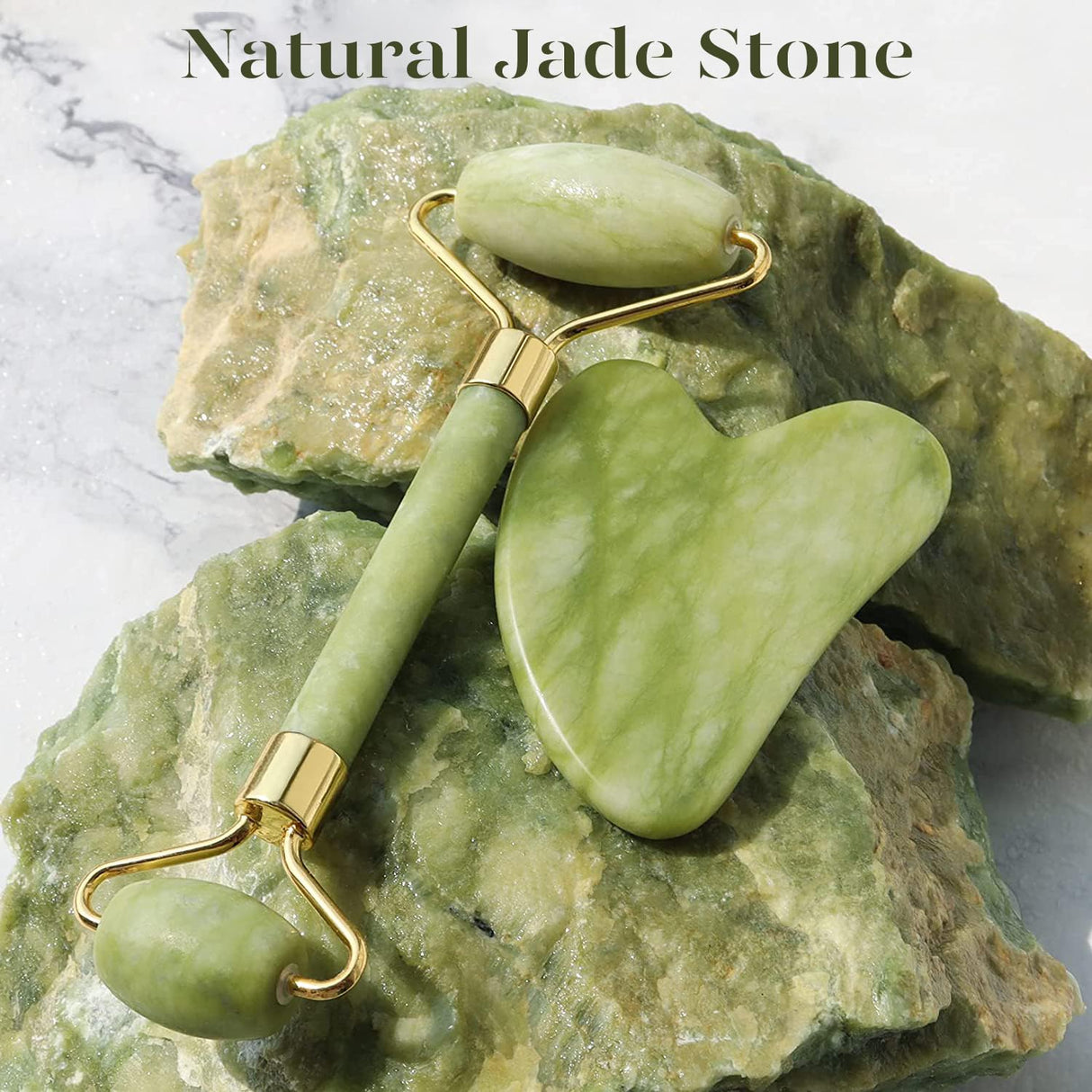 Juego de rodillo facial y Gua Sha de jade color verde