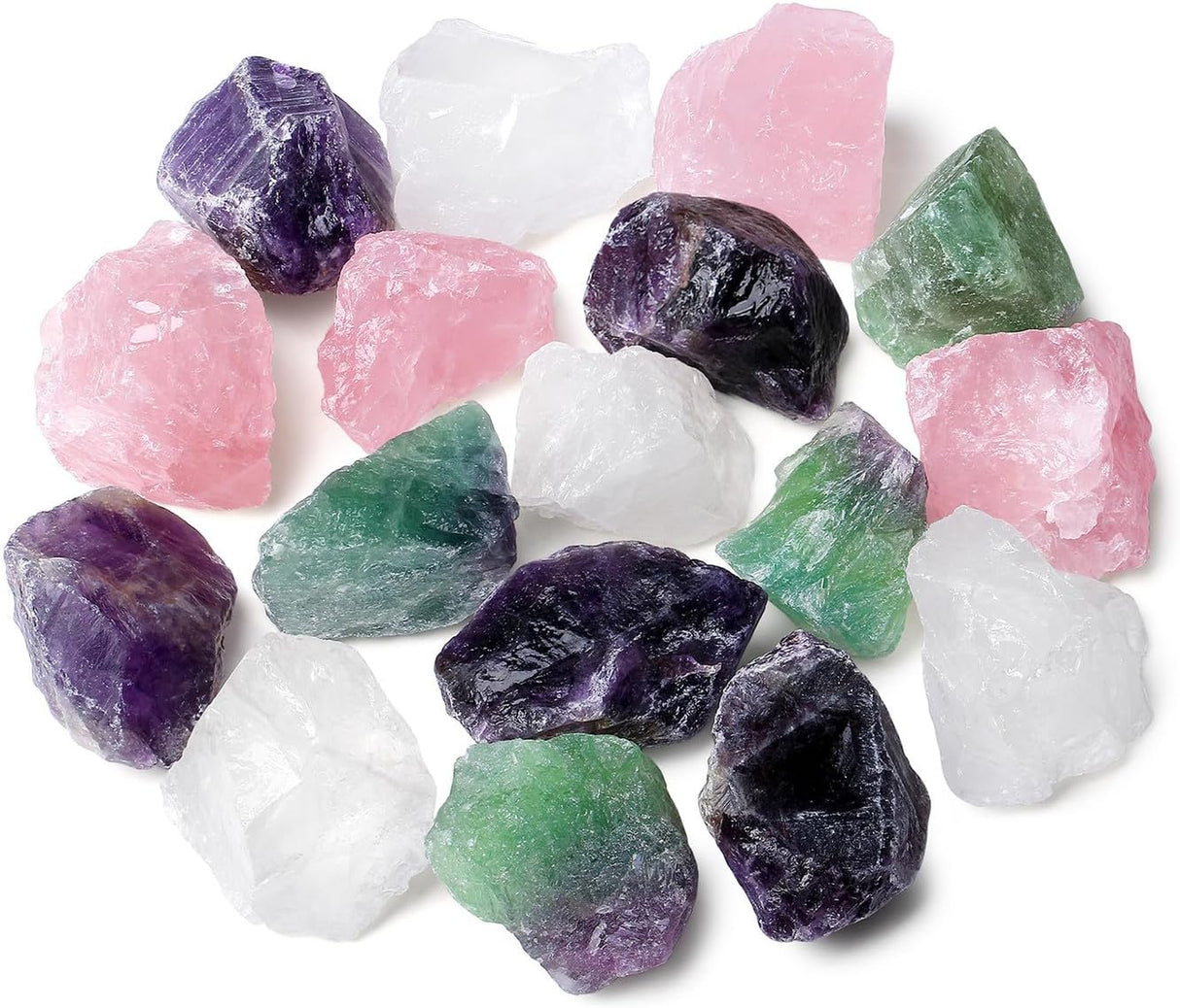 Cristales y piedras crudos de fluorita de cuarzo rosa amatista