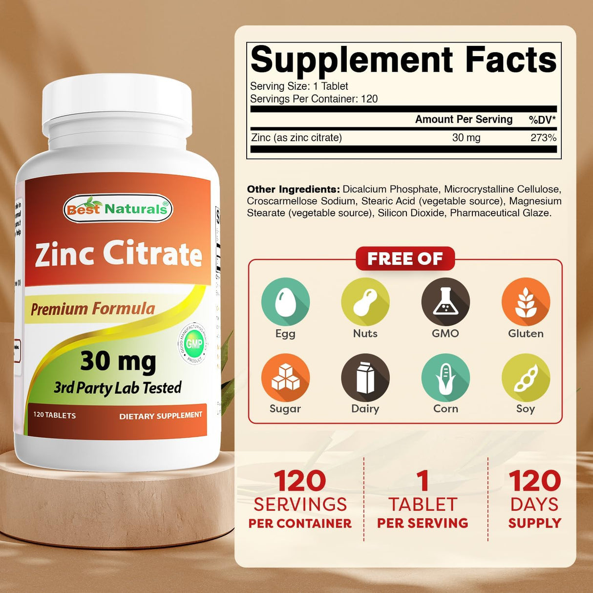 Suplemento de Zinc 30mg Best Naturals Zinc Citrato, Inmunidad, 120 Tablas x 3