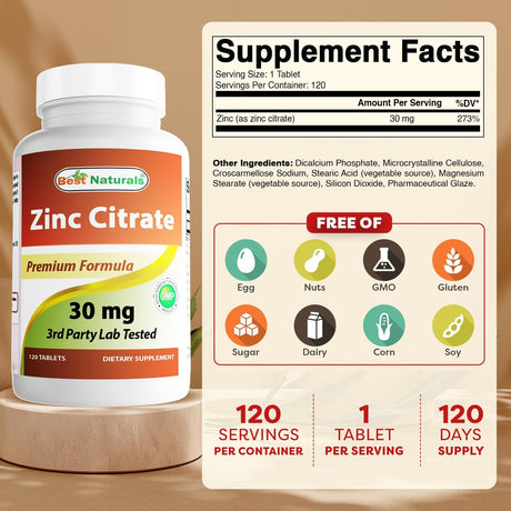 Suplemento de Zinc 30mg Best Naturals Zinc Citrato, Inmunidad, 120 Tablas x 3