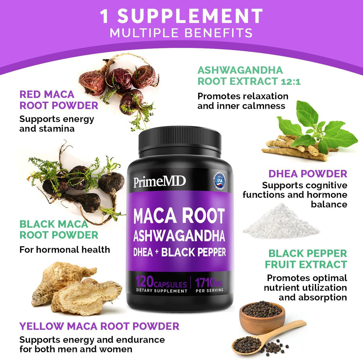 Cápsulas 6 en 1 Maca y Ashwagandha - Energía y Ánimo, 360 Uds.