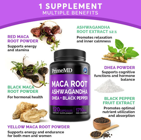 Cápsulas 6 en 1 Maca y Ashwagandha - Energía y Ánimo, 360 Uds.