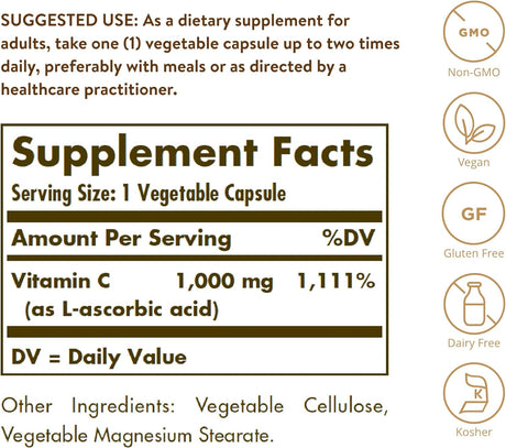 Solgar Vitamina C 1000 mg, 250 Cápsulas Vegetales, Antioxidante