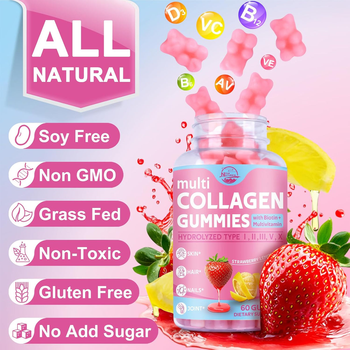 Multi Collagen Gummies, Colágeno Hidrolizado con Biotina, 60u