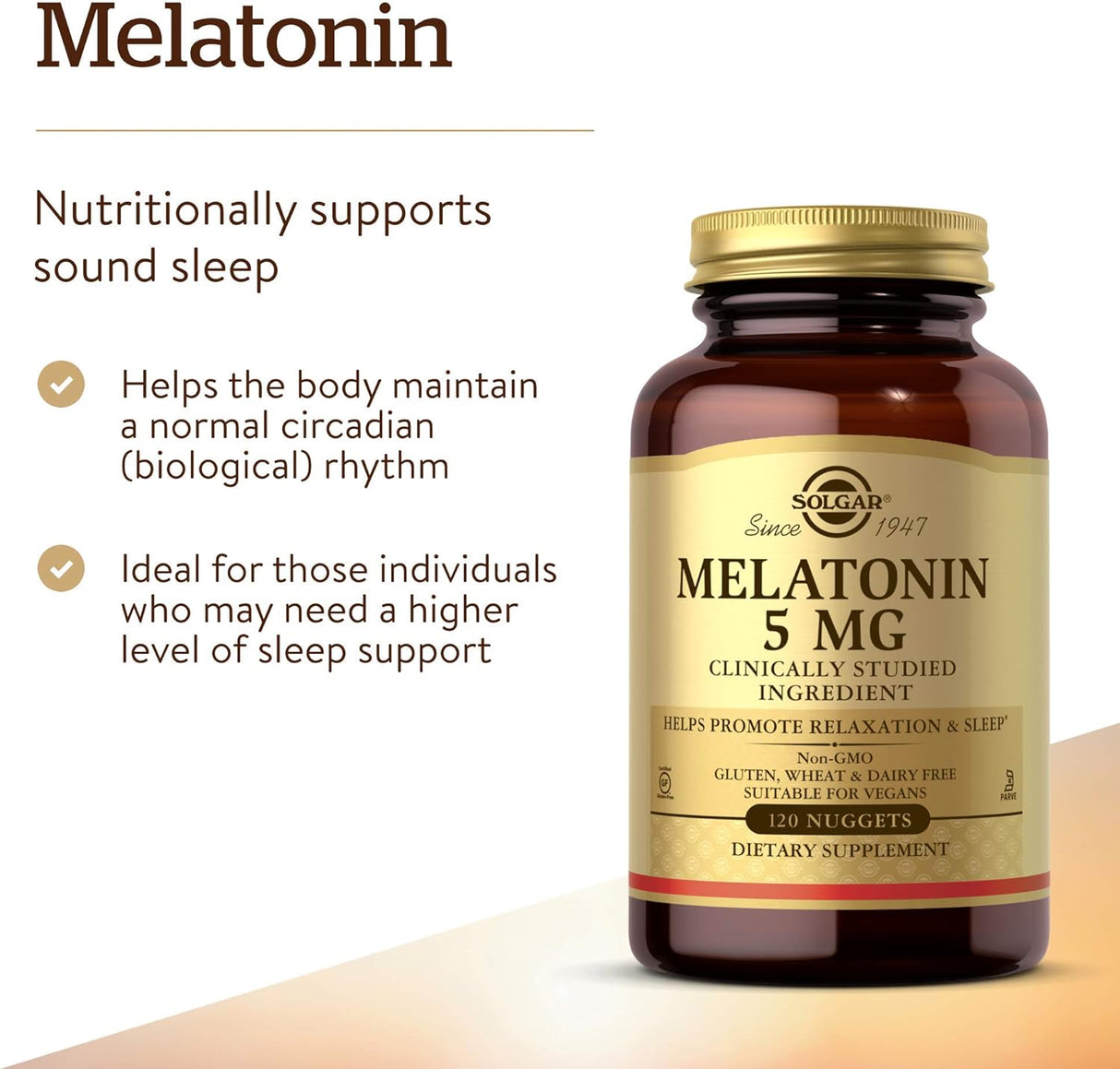 Melatonina Solgar 5 mg, 120 Nuggets, Vegano, Sin Gluten