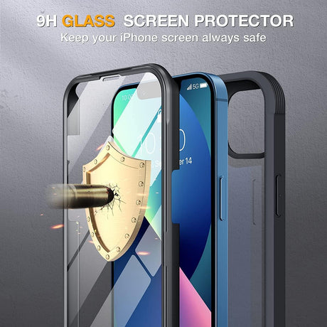 Miracase Funda compatible con iPhone 13 de 6.1 pulgadas, actualizada 2021, carcasa transparente de vidrio de cuerpo completo con protector de pantalla integrado de vidrio templado 9H para iPhone 13, color negro