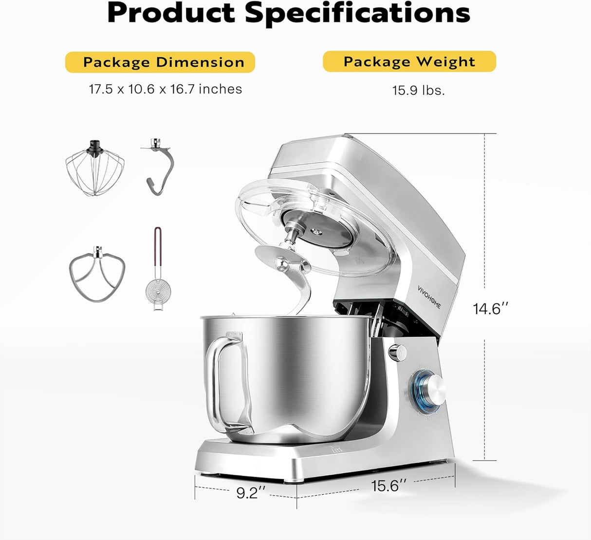 Batidora de pie VIVOHOME 7.5L 660W 6 velocidades, modelo 2023