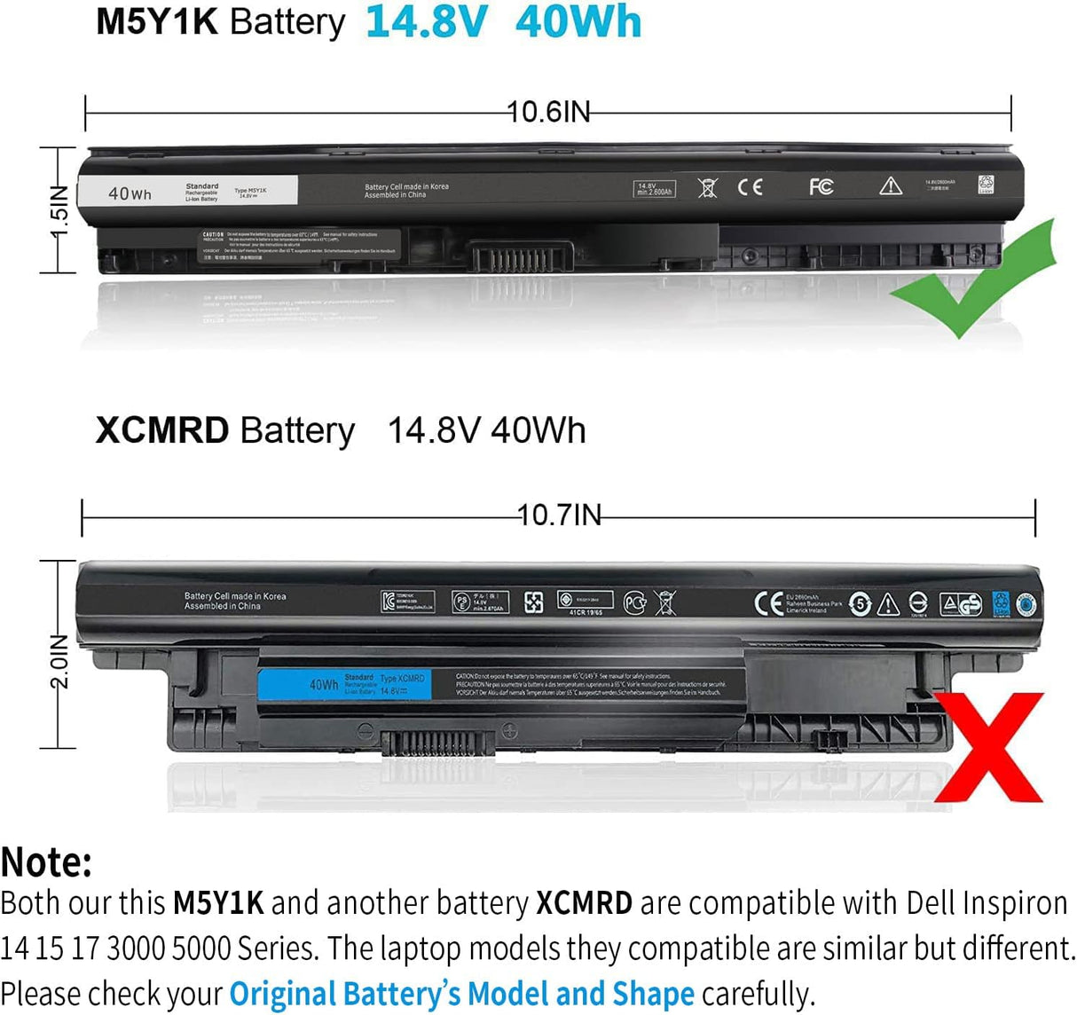Batería para laptop compatible con Dell Inspiron 40Wh