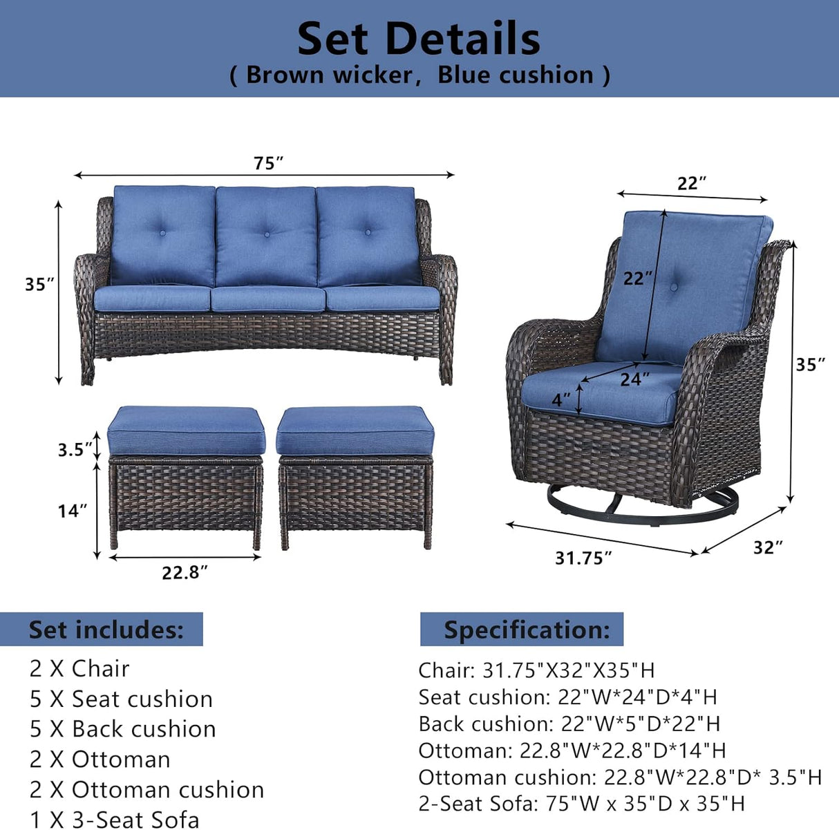 Belord Juego de muebles de patio al aire libre de 5 piezas, muebles de mimbre para conversación, sillas mecedoras giratorias para exteriores con sofá de 3 plazas y 2 otomanas para espacios pequeños, cojín azul