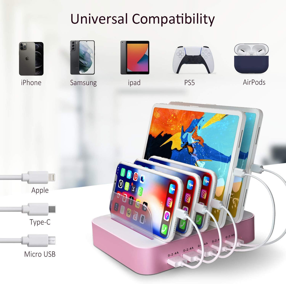 Cargador o Base de estación de carga USB de 5 puertos rosado