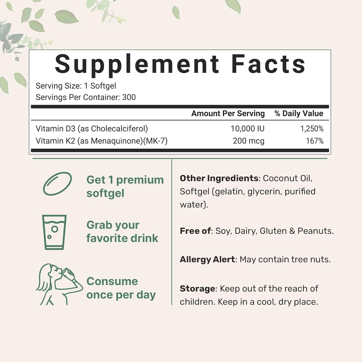 Suplemento Vitamina D3 10000 iu Plus K2 (MK-7)  300 cápsula