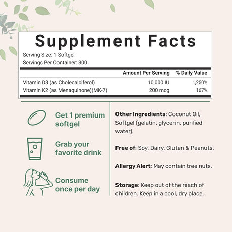 Suplemento Vitamina D3 10000 iu Plus K2 (MK-7)  300 cápsula