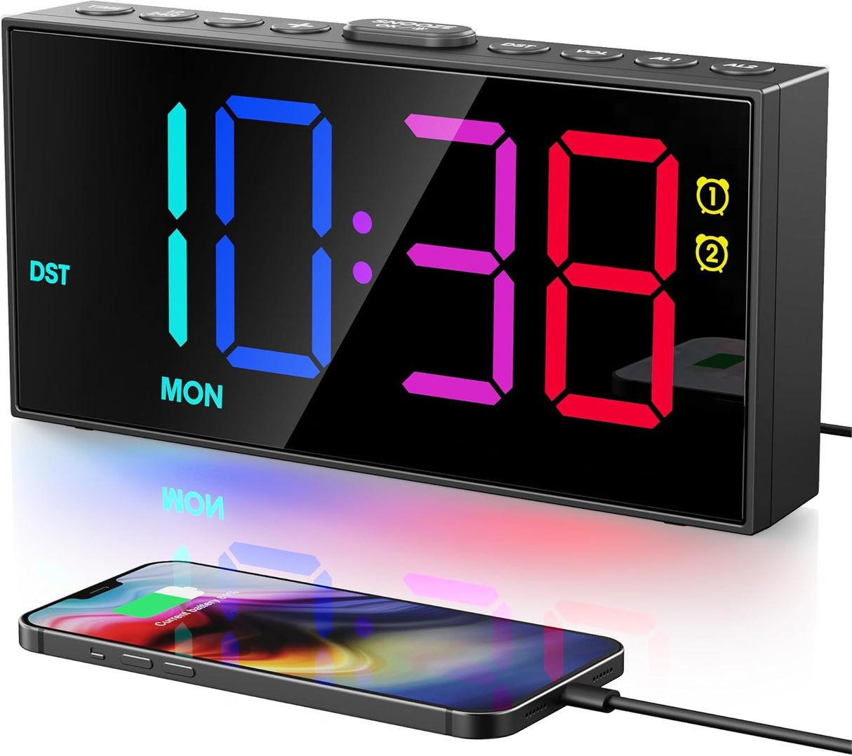 Reloj Despertador Digital RGB, Números Grandes, USB, Ajustable