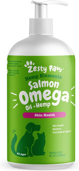 Zesty Paws Aceite de cáñamo omega de salmón para perros y gatos con aceite de salmón salvaje de Alaska Omega 3 y 6 ácidos grasos con EPA DHA para mascotas que apoya la humedad normal de la piel y la