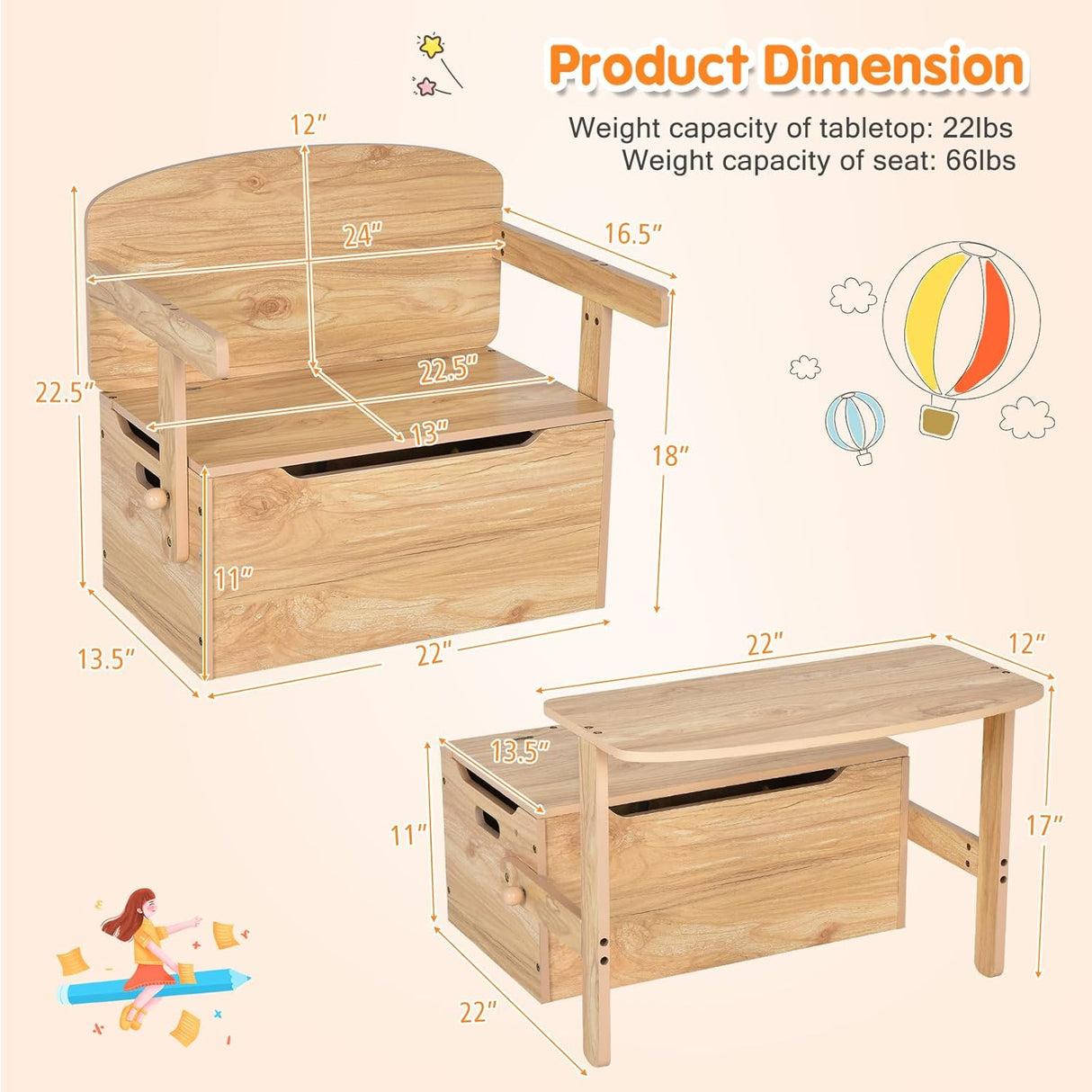 Banco y juego de mesa y silla de juguetes convertible