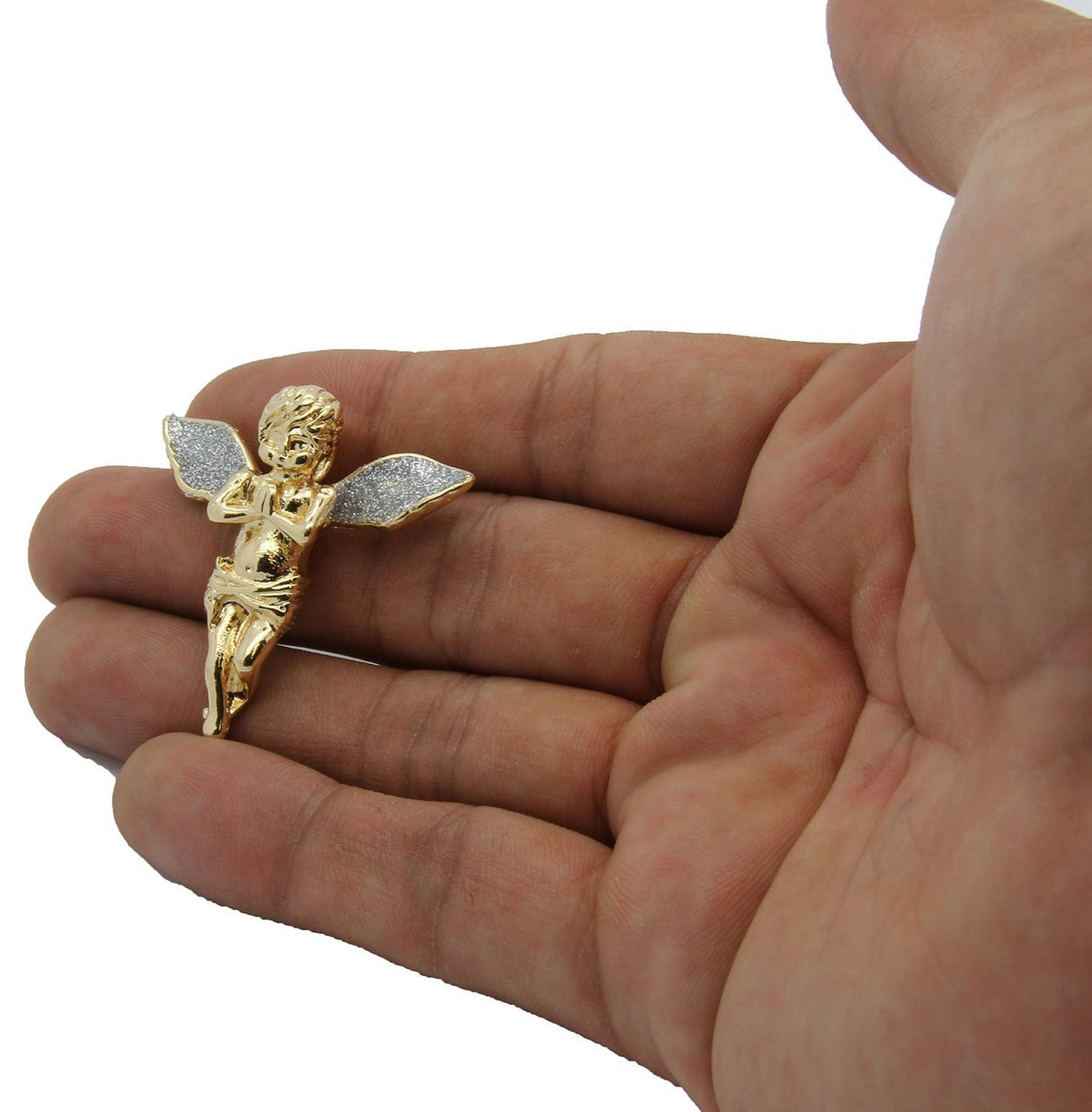 Colgante de ángel con alas doradas y estrellas plateadas