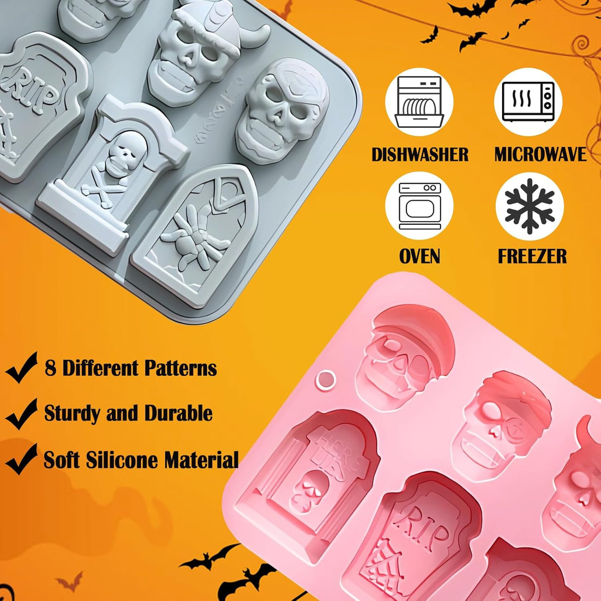 Moldes de Silicona Halloween Skull, 2PCS, 8 Cavidades, Food Grade