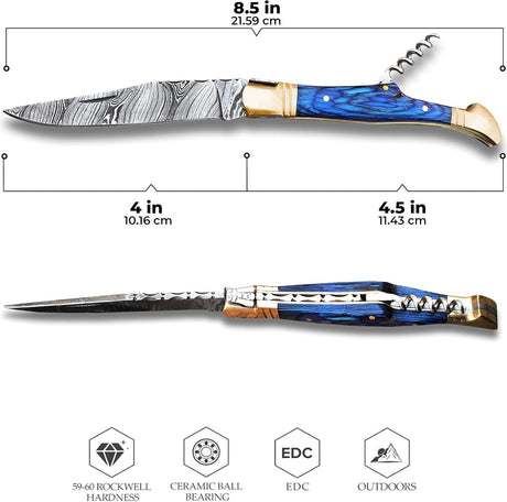 Cuchillo de bolsillo de Damasco hecho a mano  para acampar