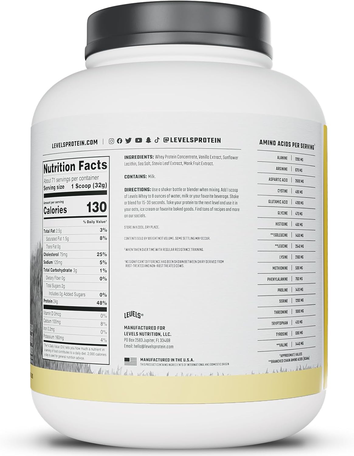 Niveles Proteína de Suero Grass Fed 24G Vainilla 5LB