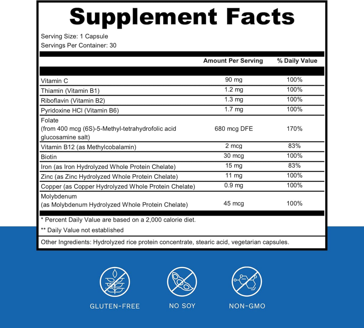 Suplemento diario de hierro y multivitaminas Dr. Wholeness, energía y ferritina, 30 cápsulas