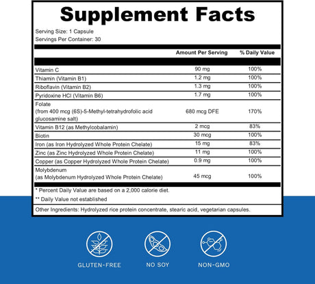 Suplemento diario de hierro y multivitaminas Dr. Wholeness, energía y ferritina, 30 cápsulas