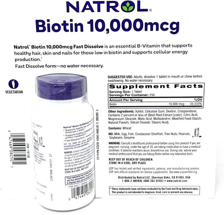 Tabletas de Biotina 10,000 mcg Natrol, Rápida Disolución, 250 Uds