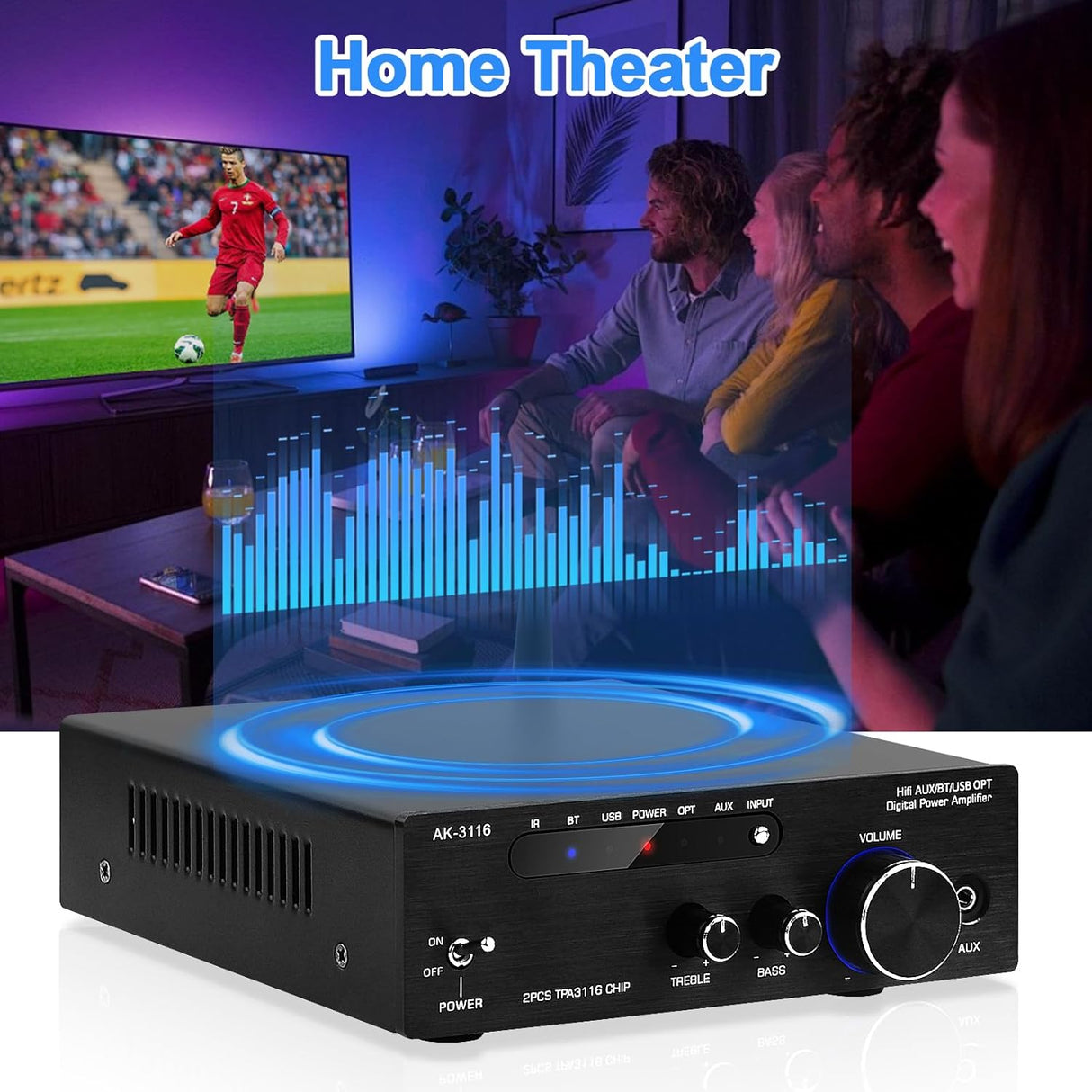 Amplificador de Audio HiFi 2.0, Bluetooth 5.3, AK-3116