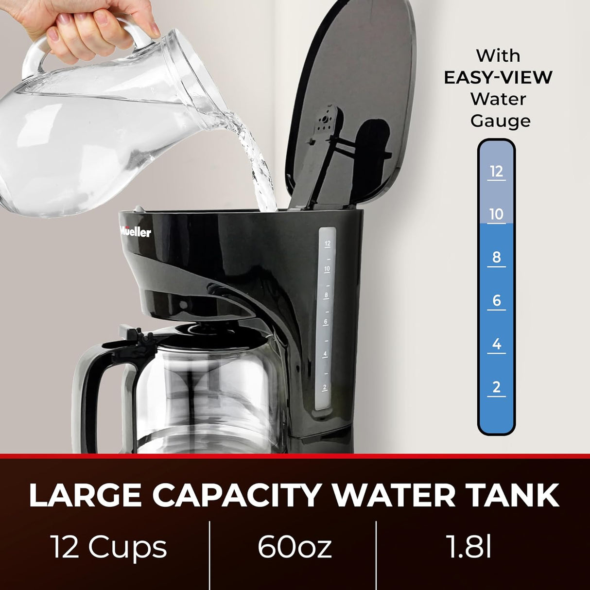 Cafetera Mueller 12 Tazas: Auto-Off, Filtro Reutilizable, Modelo: MCM-12