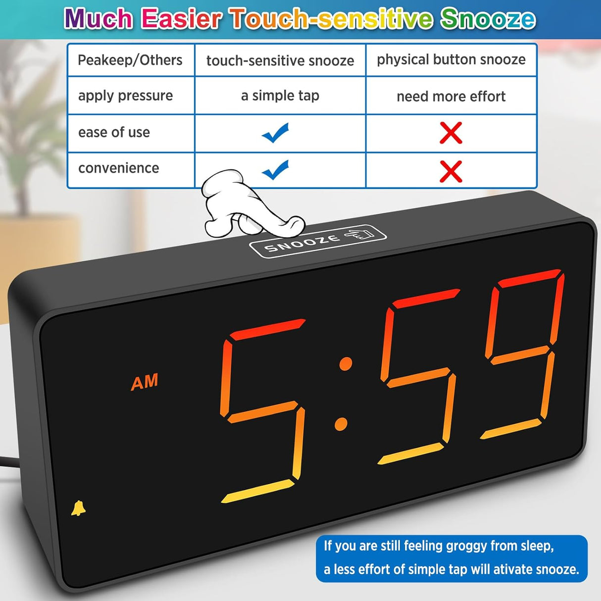 Reloj Despertador Digital Extra Fuerte con Luz LED y Cargador