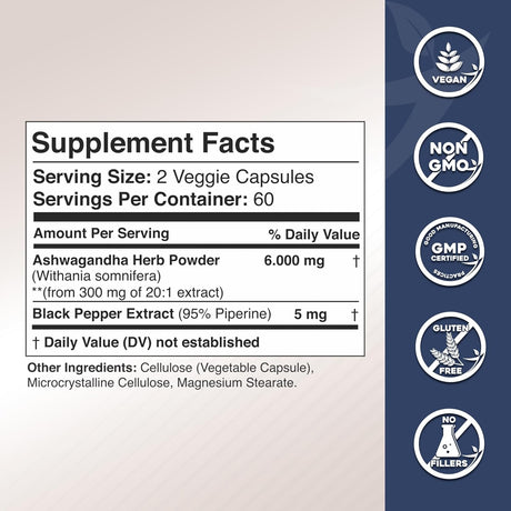 Suplementos de Ashwagandha 6000mg, Veggie Cápsulas, 120 Uds.