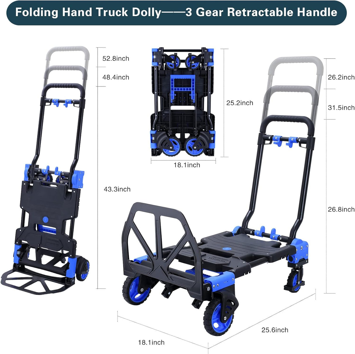 Carretilla 2 en 1 Plegable, 330LB, Ruedas, Mango Retráctil