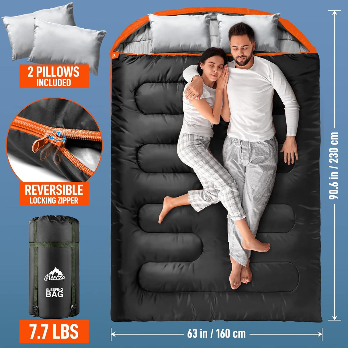 Saco de Dormir Doble XL para Adultos, Clima Frío y Cálido