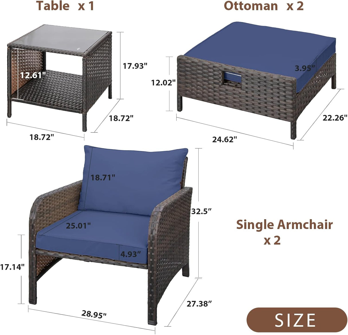 LEVELEVE Balcony Furniture - Juego de 5 piezas para conversación de patio, sillas de mimbre de polietileno para exteriores con cojines suaves, 2 otomanas y mesa de cristal para porche, mimbre marrón