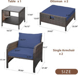 LEVELEVE Balcony Furniture - Juego de 5 piezas para conversación de patio, sillas de mimbre de polietileno para exteriores con cojines suaves, 2 otomanas y mesa de cristal para porche, mimbre marrón