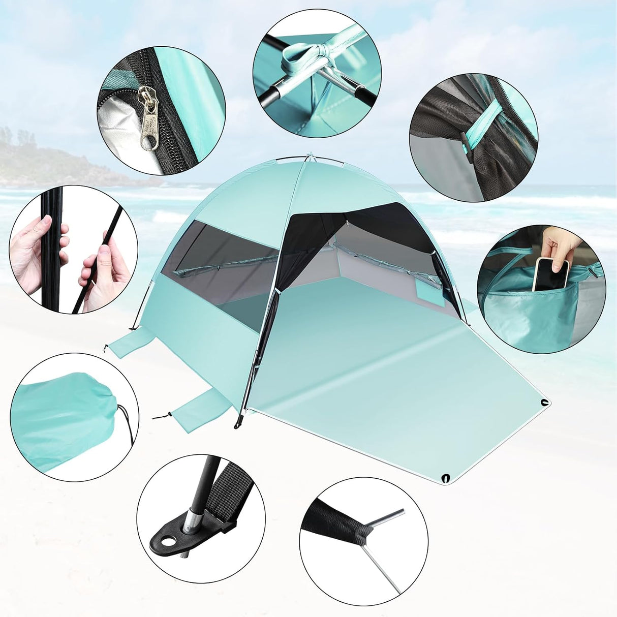 Tienda de playa fácil de montar, anti-UV, con ventanas enrollables