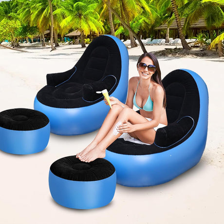 Sofá Inflable con Reposabrazos y Puff, Ideal para Acampar