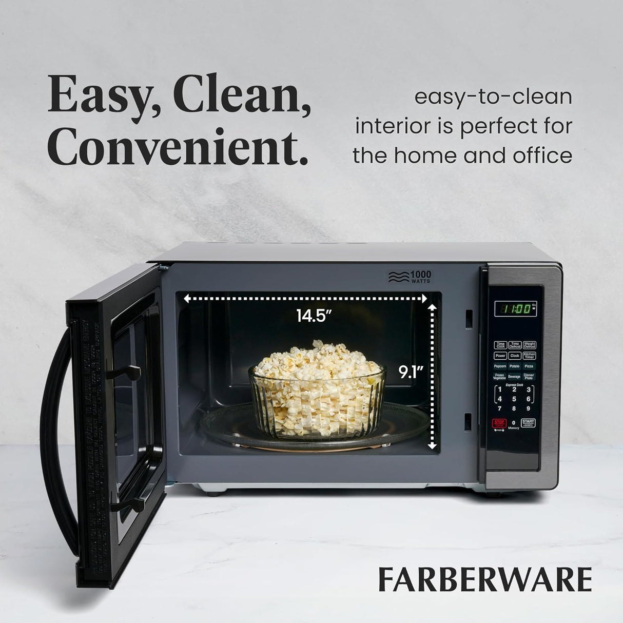 Microondas Farberware 1000W, 1.1 cu ft, con bloqueo infantil