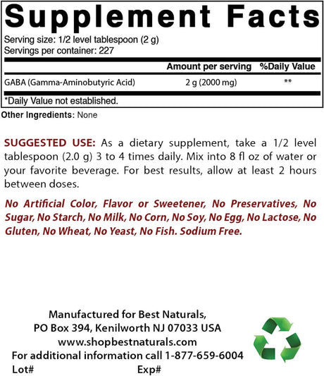 Suplemento Best Naturals GABA ácido gamma aminobutírico 1 lB
