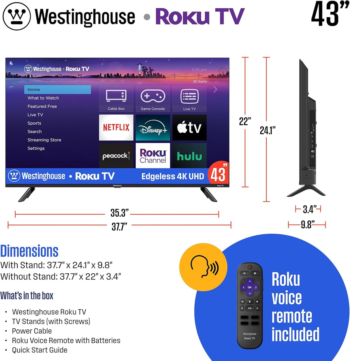 Televisor Smart 4K Edgeless Westinghouse 43 con HDR y Wi-Fi
