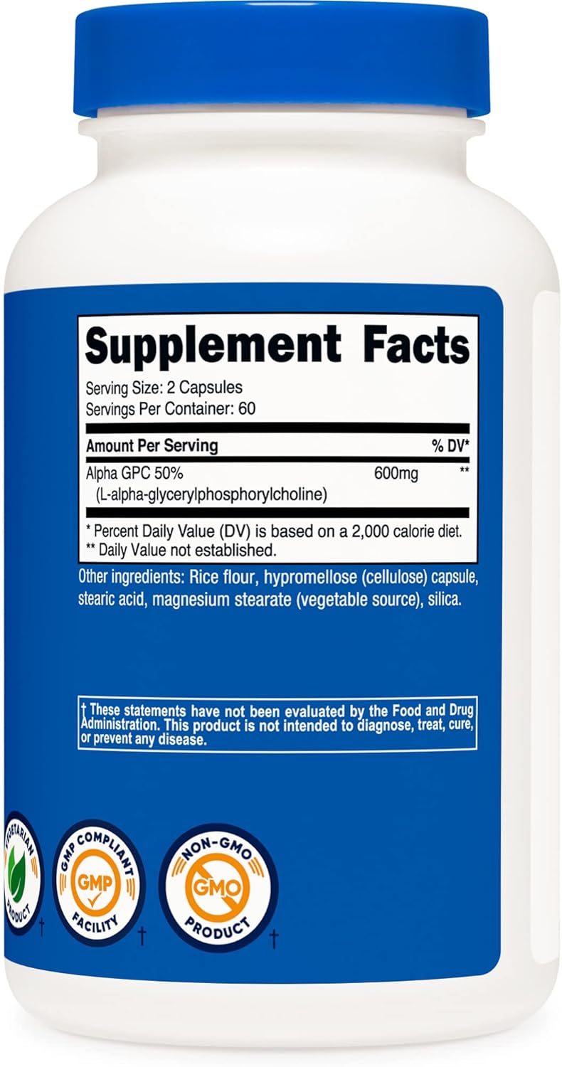Alpha GPC 600mg Cápsulas Vegetarianas, Sin OGM ni Gluten