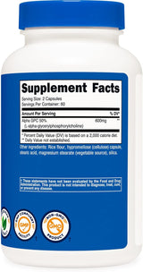 Alpha GPC 600mg Cápsulas Vegetarianas, Sin OGM ni Gluten
