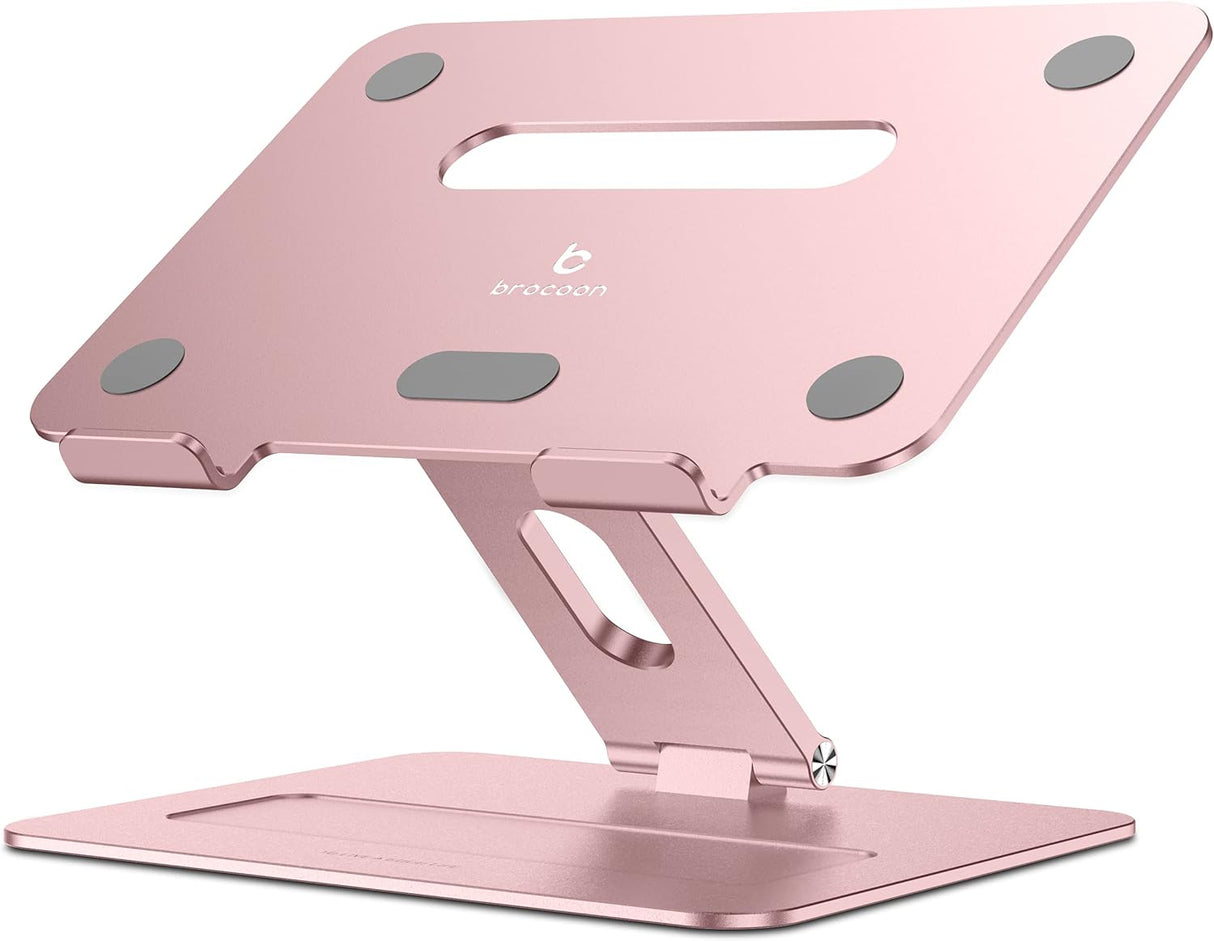 Brocoon - Soporte ajustable para laptop MacBook para escritorio, soporte ergonómico de aluminio para computadora con ventilación térmica, elevador para portátil compatible con portátiles de 10 a 17 pulgadas, oro rosa (rosa)